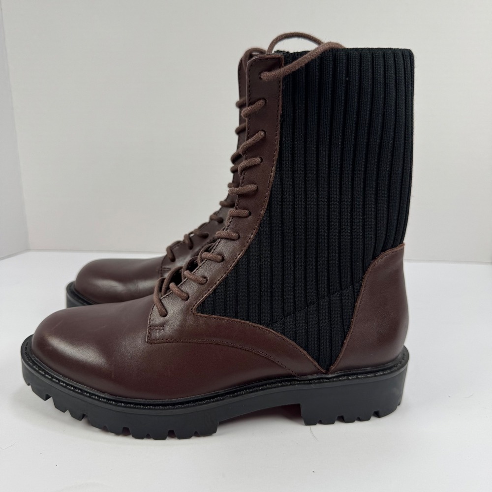 Charles David Remy Brown Leather Black Ribbed Knit Combat Sock Boots Womens 5.5M